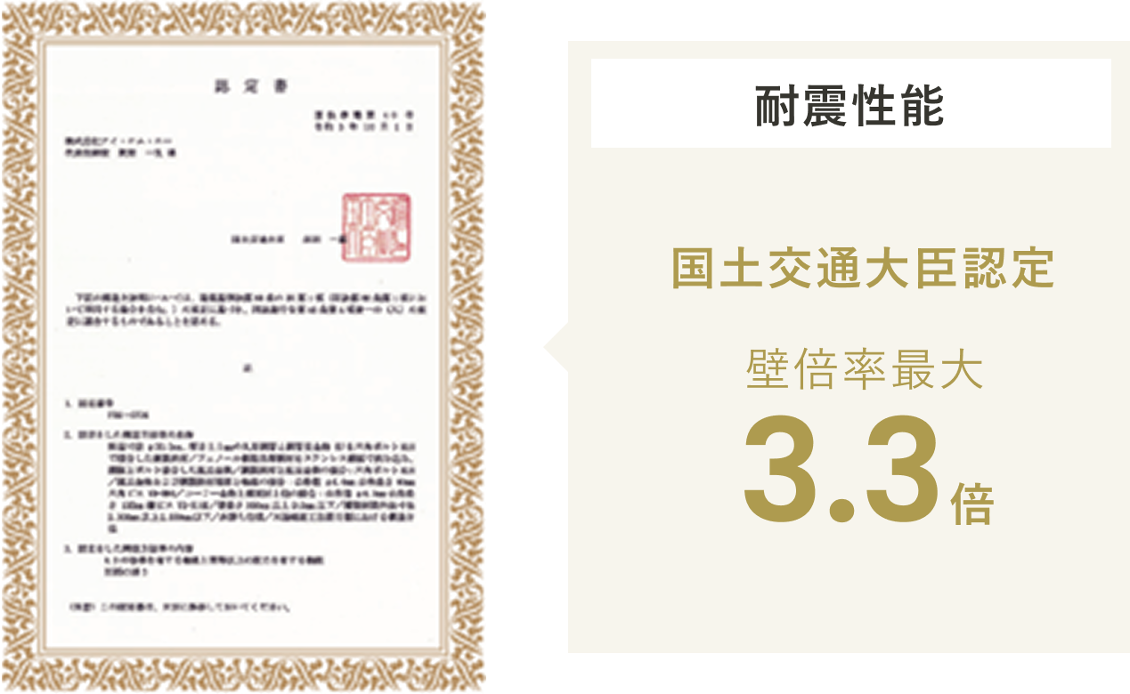 Kダンパーは、耐震と制震の両方の機能を備えたダンパーで、壁倍率3.3倍を取得しています。地震の揺れを摩擦熱に変えて吸収し、建物の変形や損傷を防ぎます。フェノール樹脂摩擦材を使用しているため、寒冷や暑熱下でも性能を発揮し、メンテナンスフリーで169年相当の耐久性があります。
